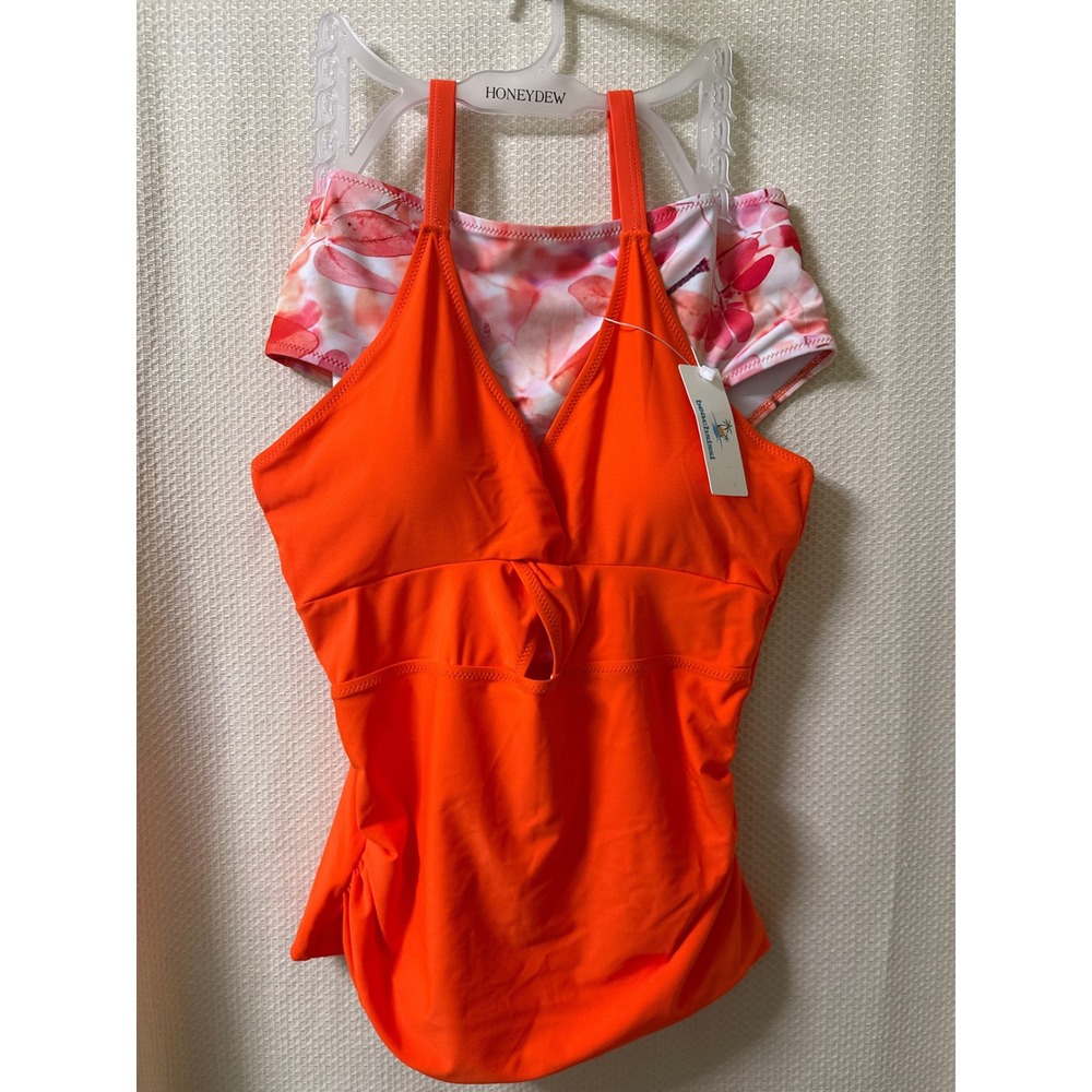 Beachsissi Orange Tankini Set Floral High Waist Bikini Two Piece Swimsuit Large